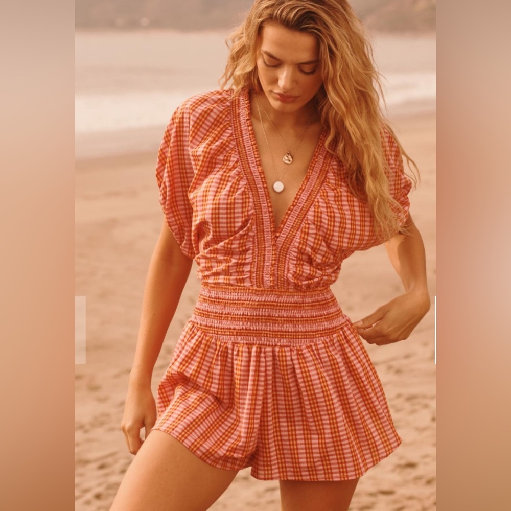 Anthropologie Smocked Pink Coral Romper size XL Spring Summer Beach Boho
